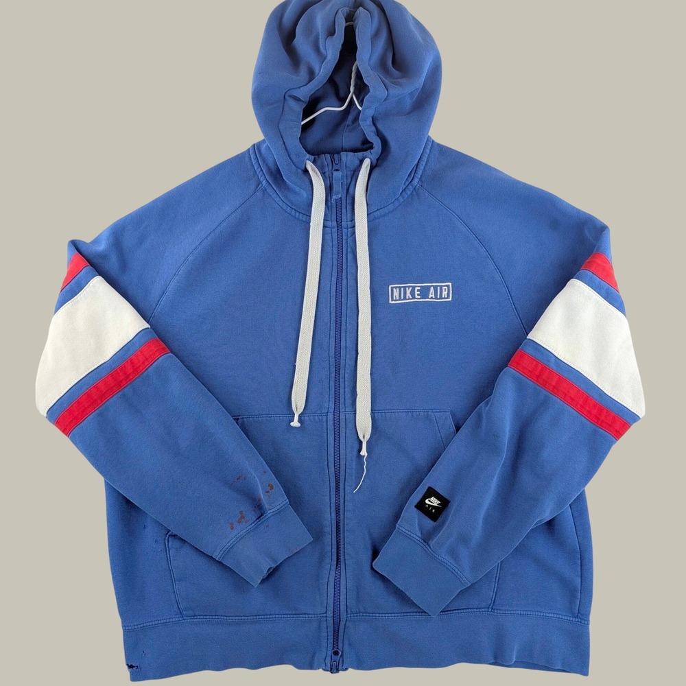 Nike Air Full Zip Hoodie Men's L Blue Red White Colorblock Distressed Sweatshirt